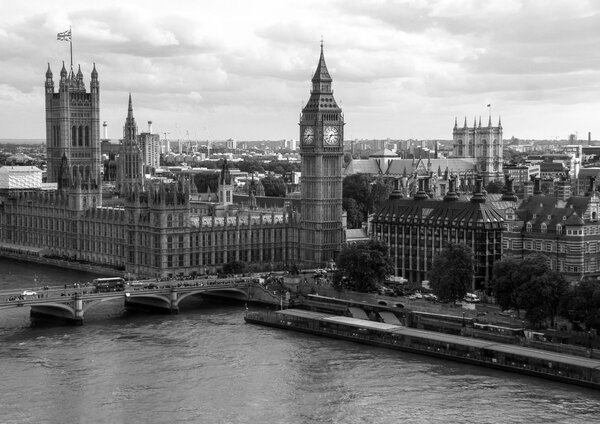 LONDON, UK - JUNE 6, 2015: Aeriel black and white cityscape with houses of Parliament , Big Ben and Westminster Abbey London. UK