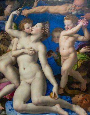  Londra Ulusal Galerisi'nde Bronzino tarafından Venüs ve Cupid (yaklaşık 1545) ile Alegori. 