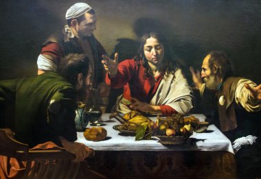Supper at  Emmaus(1601) by Michelangelo  Merisi da Caravaggio (1571-1610)  in the National Gallery of London. clipart