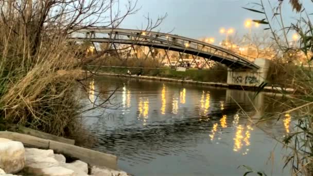Krásný Výhled Malý Kovový Most Nad Řekou Jarní Večer — Stock video