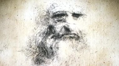 Tel Aviv, İsrail - 6 Mart 2019: Leonardo da Vinci 'nin Leonardo da Vinci sergisi' ndeki yaşlı bir adamın (oto portresi) interaktif duvar projeksiyonu - 500. 4K