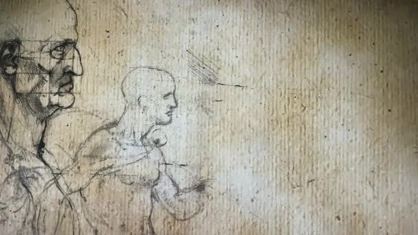 テルアビブ イスラエル 3月6 2019 レオナルド ヴィンチの高齢者の解剖学的肖像画のインタラクティブな壁の投影レオナルド ヴィンチの展覧会 500 — ストック動画