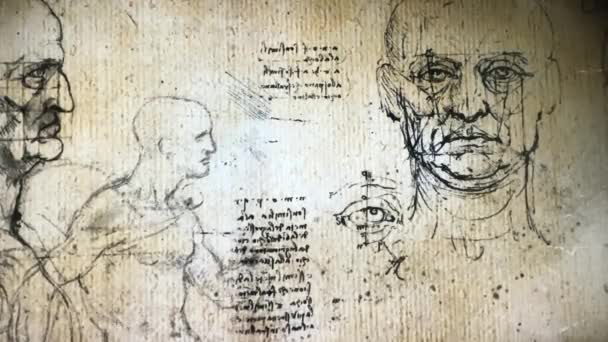 テルアビブ イスラエル 3月6 2019 レオナルド ヴィンチの高齢者の解剖学的肖像画のインタラクティブな壁の投影レオナルド ヴィンチの展覧会 500 — ストック動画