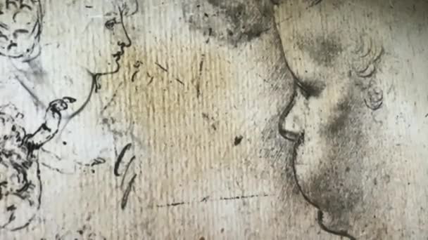 テルアビブ イスラエル 3月6 2019 レオナルド ヴィンチの赤ちゃんの顔の肖像画研究のインタラクティブな壁の投影レオナルド ヴィンチの展覧会 500 — ストック動画