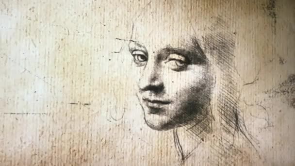 テルアビブ イスラエル 3月6 2019 レオナルド ヴィンチの美しい若い女性の肖像画研究のインタラクティブなグランジの壁の投影レオナルド ヴィンチの展覧会 500 — ストック動画