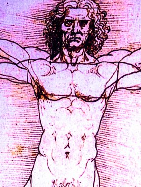 Tel Aviv, İsrail - 6 Mart 2019: Leonardo Da Vinci 'nin Leonardo da Vinci' nin 500 yıllık sergisindeki Vitruvian Man çiziminin ayrıntıları. İlk girişimci..