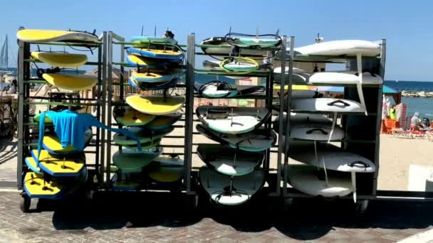 Set Van Verschillende Kleuren Surfplanken Metalen Plank Rek Aan Zee — Stockvideo