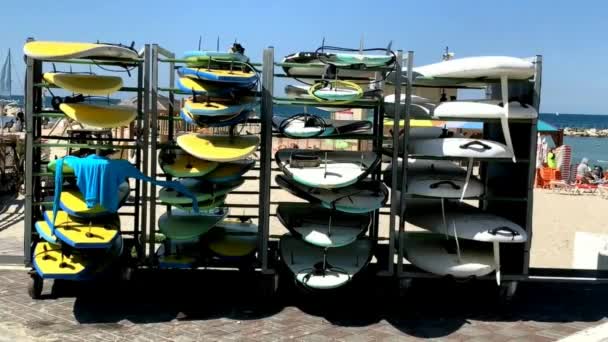 Set of different color surfboards in metal shelf or rack by sea. Favorite and popular recreation area for locals and tourists. HD