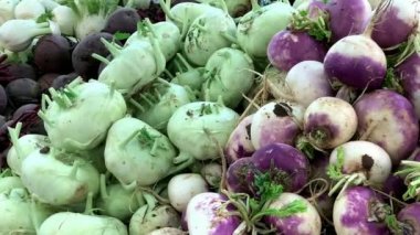 Rezene, pancar, turp, kohlrabi, modern bir süpermarkette rafta duran enginar. 4K