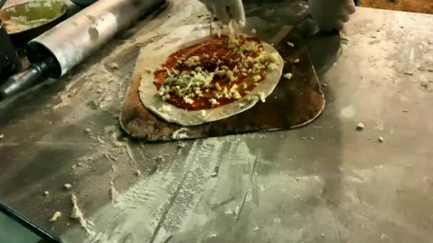 Processus Fabrication Pizza Partir Pâte Sauce Tomate Fromage Appliquer Sauce — Video