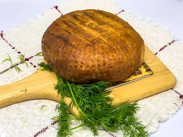 Soft Brown Smoked Homemade Cheese Adyghe Cheese Greens Lying Wooden Stock Image