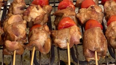 Elektrik ızgarasında et ızgarası var. Lezzetli ızgara yemekler. Mangal üzerine hazırlanmış domatesli hindi eti. Barbekü partisi. Kabuklu kavrulmuş et. HD