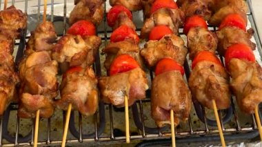 Elektrik ızgarasında et ızgarası var. Lezzetli ızgara yemekler. Mangal üzerine hazırlanmış domatesli hindi eti. Barbekü partisi. Kabuklu kavrulmuş et. HD