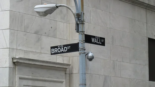 Road sign  at corner of Wall and  Broad streets  in New York — Stock Photo, Image