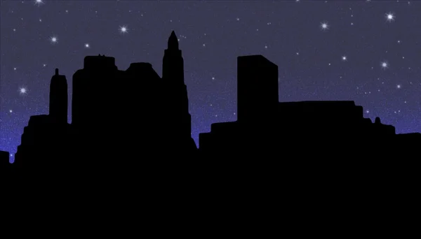 Силуэт нижнего Манхэттена на фоне ночного звездного неба — стоковое фото