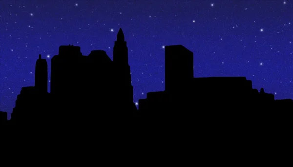 Lower Manhattan silhouette on the night starry sky background — Stock Photo, Image