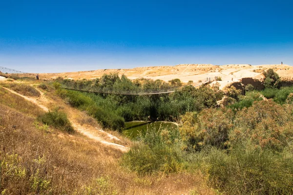 Hangbrug en Besor Brook in Eshkol Nationaal Park, de Negev-woestijn. Israël — Stockfoto