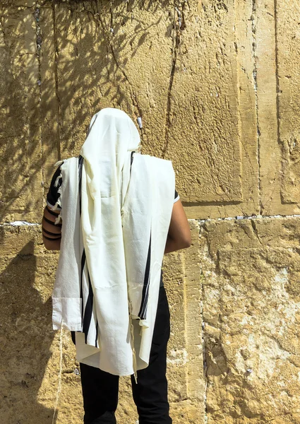 Unidentified jewish worshiper in  tallith and tefillin praying at the Wailing Wall an important jewish religious site — Stock Photo, Image