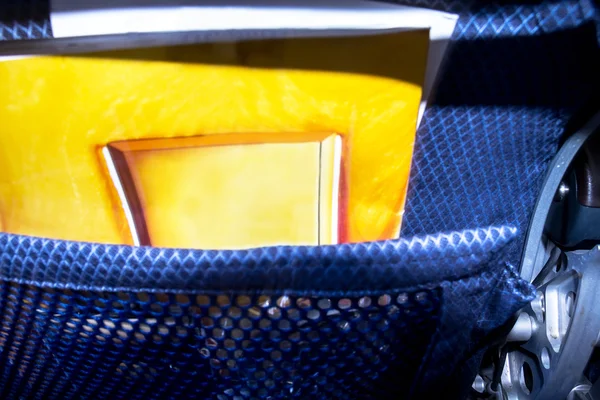 Passenger safety card at the back of an airplane seat inside a  airplane. — Stock Photo, Image