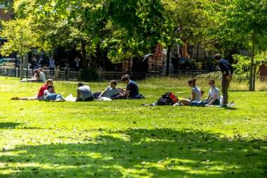 Gençler London St James'ın parkta çim üzerinde dinlenme.