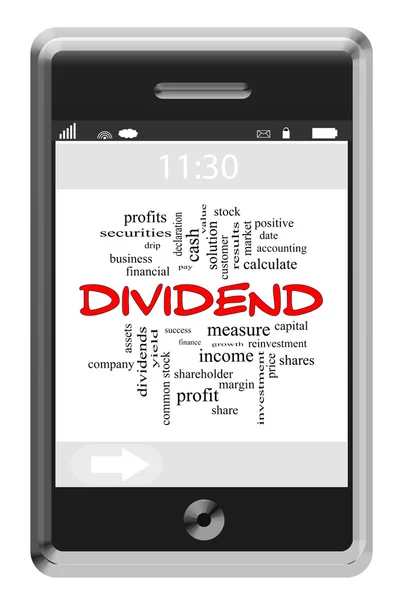 Concepto de nube de palabra de dividendo en un teléfono con pantalla táctil — Foto de Stock