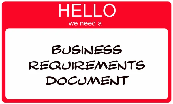 Hello we need a Business Requirments Document red name tag — Stock Photo, Image