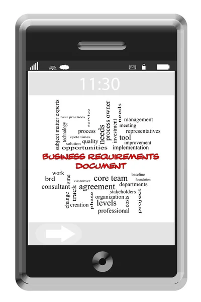 Requisitos comerciales Documento Word Cloud Concept en un teléfono con pantalla táctil —  Fotos de Stock