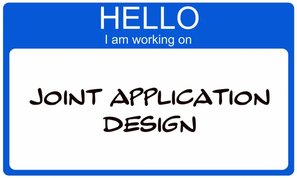 Hello I am working on Joint Application Design blue name tag — Stock Photo, Image