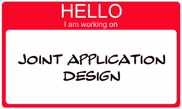 Hello I am working on Joint Application Design blue red tag — Stock Photo, Image