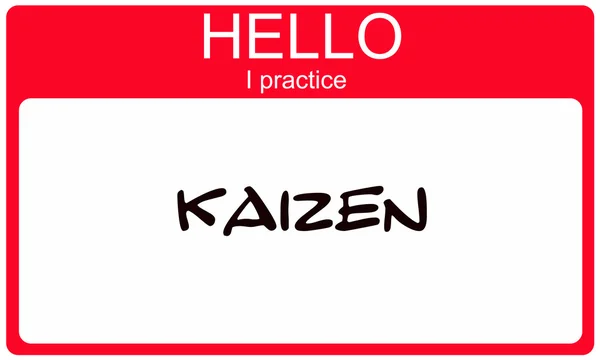 Hello I pracice Kaizen red name tag Stock Photo