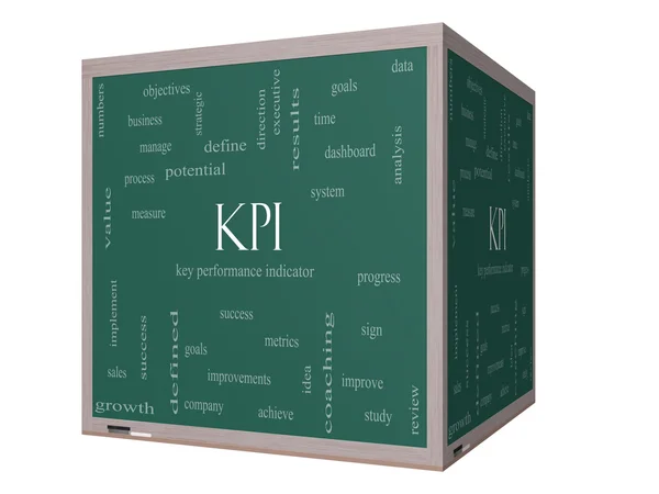 KPI woord wolk concept op een 3D-kubus schoolbord — Stockfoto