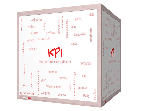 KPI woord wolk concept op een 3d cube whiteboard — Stockfoto