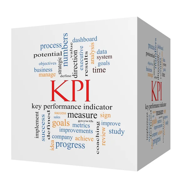 Kpi-Word-Cloud-Konzept auf einem 3D-Würfel — Stockfoto