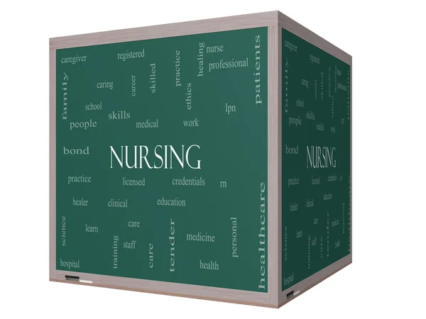 Nursing Word Cloud Concept pe un cub 3D Blackboard — Fotografie, imagine de stoc