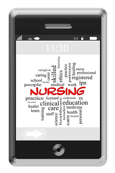 Nursing Word Cloud Concept on a Touchscreen Phone — Stock Photo, Image