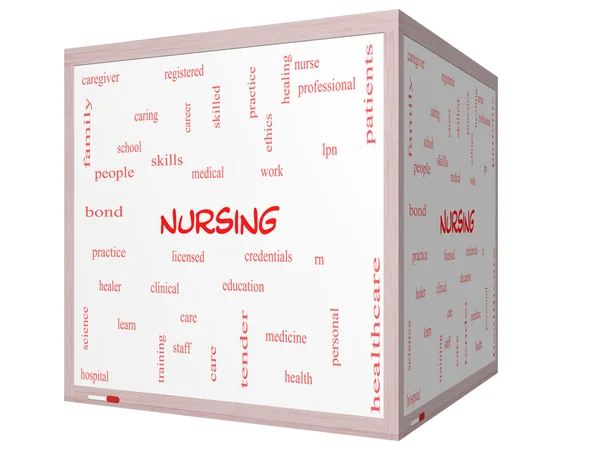 Nursing Word Cloud Concept pe un cub 3D Whiteboard — Fotografie, imagine de stoc
