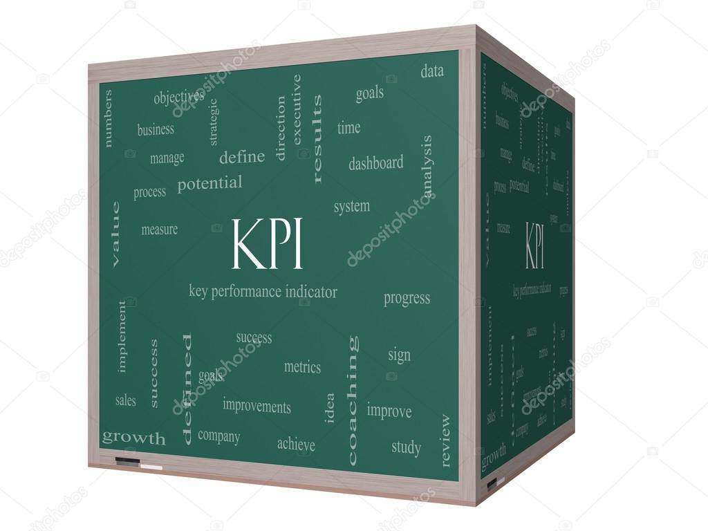KPI Word Cloud Concept on a 3D cube Blackboard