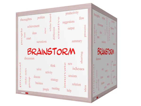 Brainstorm word cloud koncept på en 3d kub whiteboard — Stockfoto