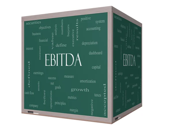 EBITDA Word Cloud Concept on a 3D cube Blackboard — Stock Photo, Image