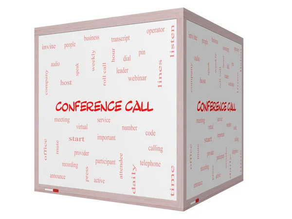 Conference Call Word Cloud Concept on a 3D Whiteboard — Stock Photo, Image
