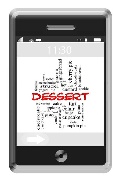 터치 스크린 휴대 전화에 디저트 단어 클라우드 개념 — 스톡 사진