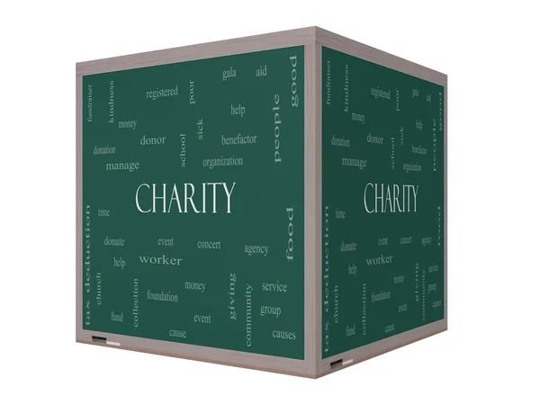 Charity Word Cloud Concept on a 3D cube Blackboard — Stock Photo, Image