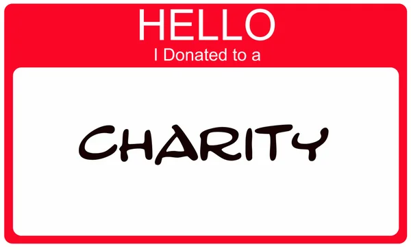 Hej donerat jag till en välgörenhet röda namn klistermärke — Stockfoto