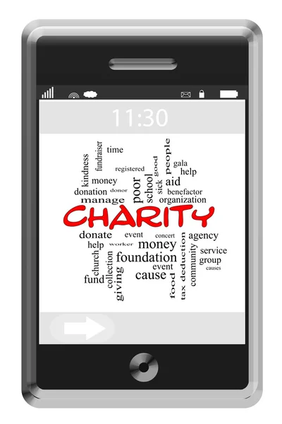 Charity Word Cloud Concept su un telefono touchscreen — Foto Stock