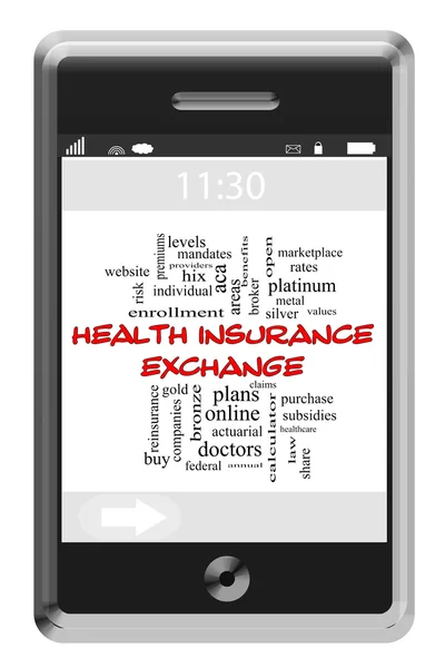 एक टचस्क्रीन फोन पर स्वास्थ्य बीमा एक्सचेंज वर्ड क्लाउड अवधारणा — स्टॉक फ़ोटो, इमेज