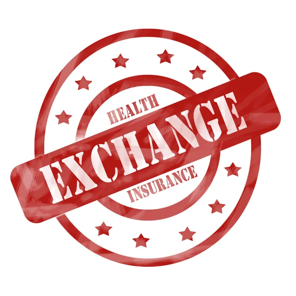 Red Weathered Health Insurance Exchange Stamp Circles and Stars — Stock Photo, Image