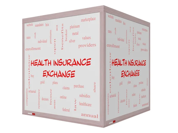 Health Insurance Exchange Word Cloud Concept on a 3D Whiteboard — Stock Photo, Image