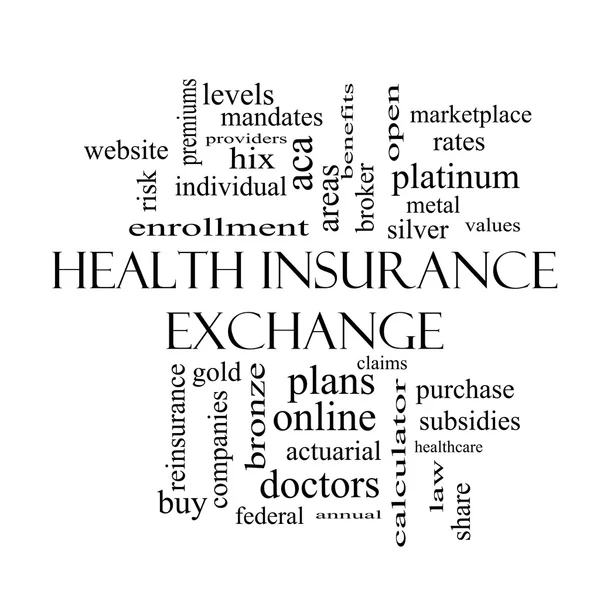 Health Insurance Exchange Word Cloud Concept in black and white — Stock Photo, Image