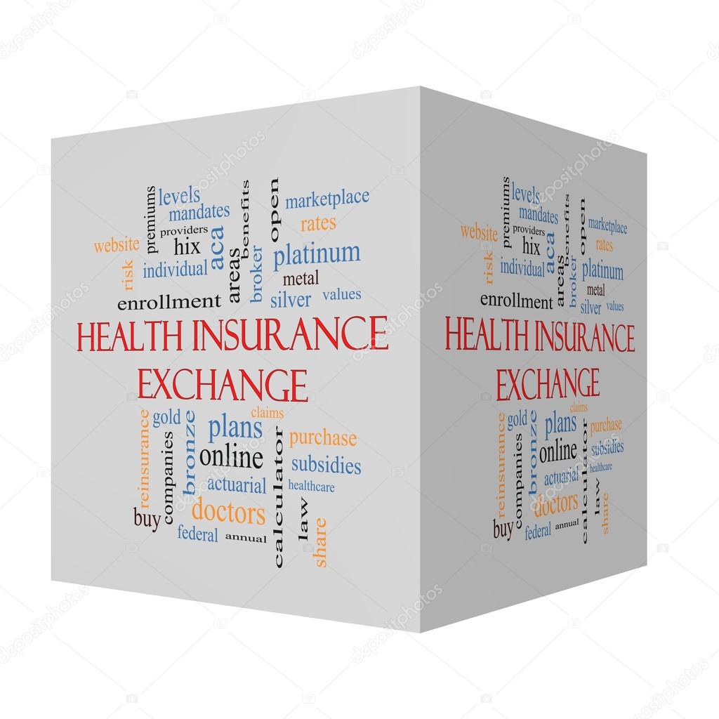 Health Insurance Exchange 3D cube Word Cloud Concept 