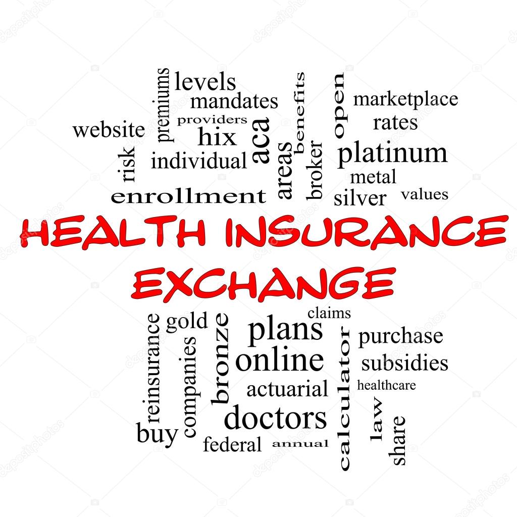 Health Insurance Exchange Word Cloud Concept in red caps